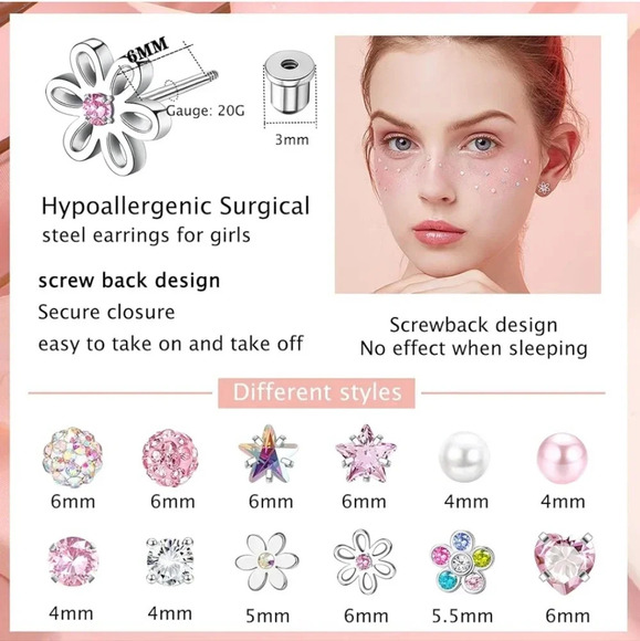 12Pairs Hypoallergenic Earrings for Girls Women Surgical Steel Screw Back Cute K - Picture 5 of 6
